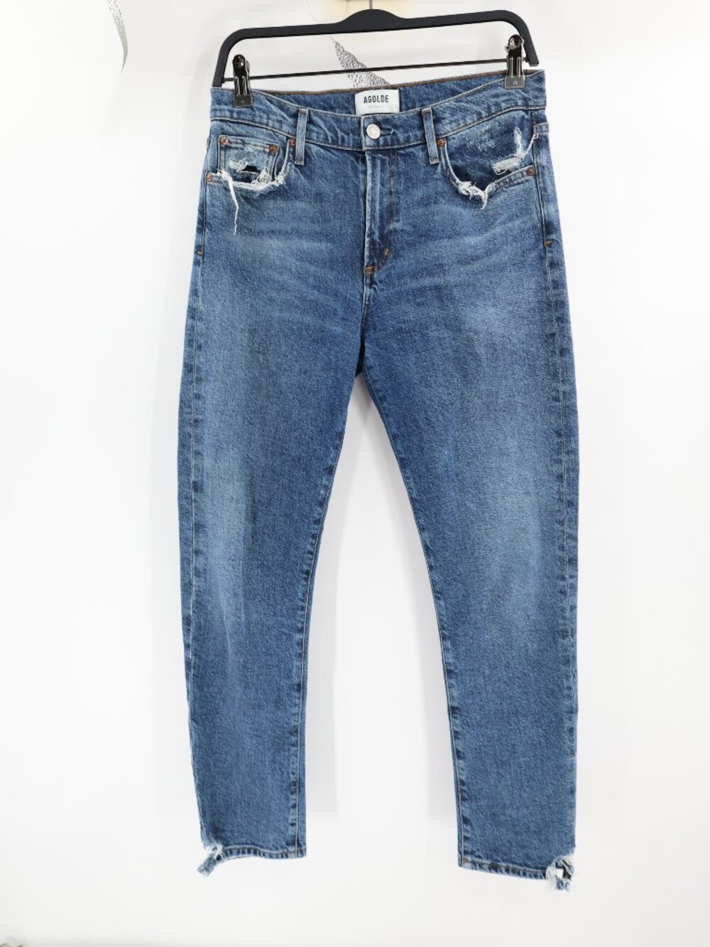 AGOLDE Jeans Womens 28 Toni Mid Rise Slim Straight Distressed destroyed Hem Blue